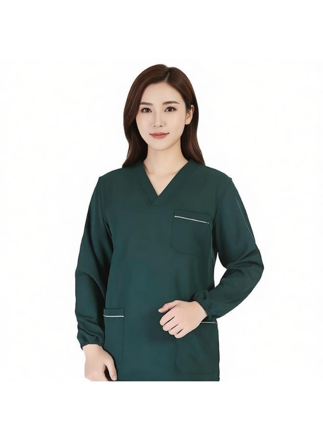 Womens V-Neck Scrubs Set Micro Elasticity Long Sleeves Top & Pants Soft Fabric Medical Nursing Uniform Dark Green