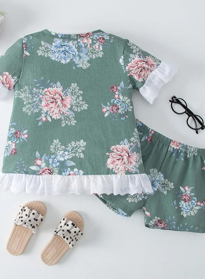 Take Two Girls Green Floral Print Top and Shorts Pyjama Set