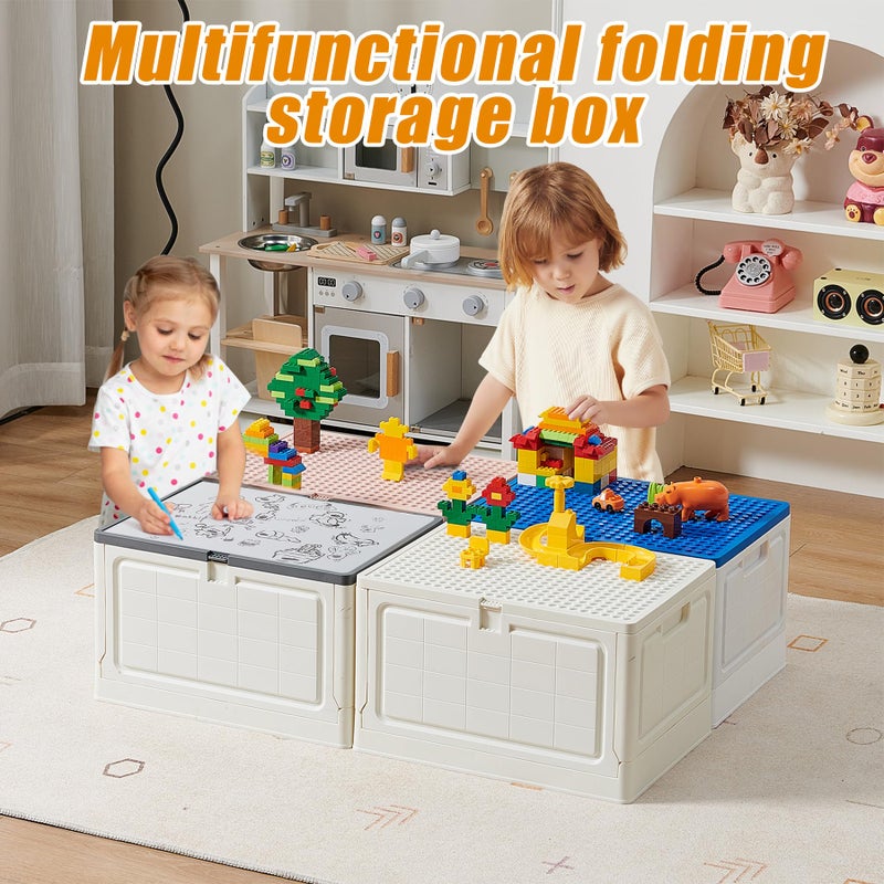 BOSEDSANG Folding Storage Box with Large Building Lid for Duplo Blocks, 28L Collapsible Storage Bin with Back Drawing Board, 29 Qt. Container Storage- 2Pack-Blue+White - Image 2