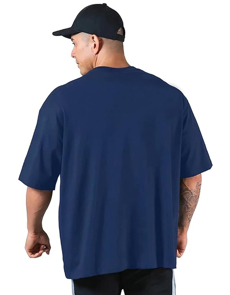 Veirdo®Navy Oversized Baggy Fit Drop Shoulder Half Sleeves Round Neck Solid Pure Cotton T-Shirt for Men (OS_100_Navy_L) - Image 3