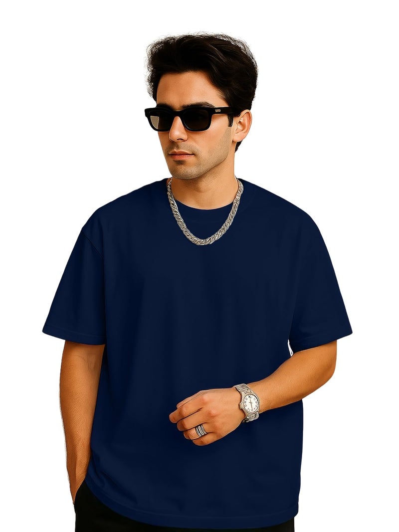 Veirdo®Navy Oversized Baggy Fit Drop Shoulder Half Sleeves Round Neck Solid Pure Cotton T-Shirt for Men (OS_100_Navy_L) - Image 1