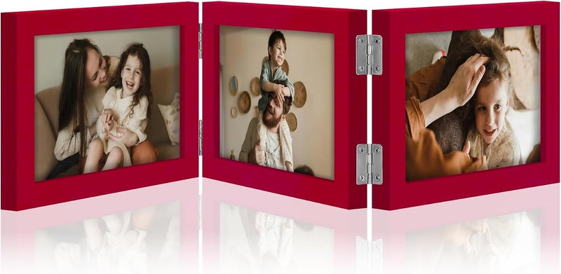 decorUhome Triple 6x4 Picture Frame Horizontal, Engineered Wood Trifold Photo Frame with Plexiglass for Tabletop Display, 6x4, Red - Image 1