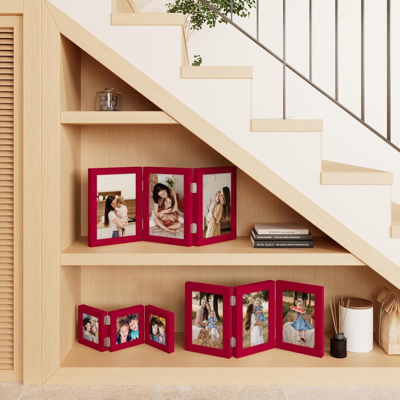 decorUhome Triple 6x4 Picture Frame Horizontal, Engineered Wood Trifold Photo Frame with Plexiglass for Tabletop Display, 6x4, Red - Image 5