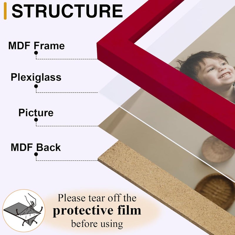 decorUhome Triple 6x4 Picture Frame Horizontal, Engineered Wood Trifold Photo Frame with Plexiglass for Tabletop Display, 6x4, Red - Image 2