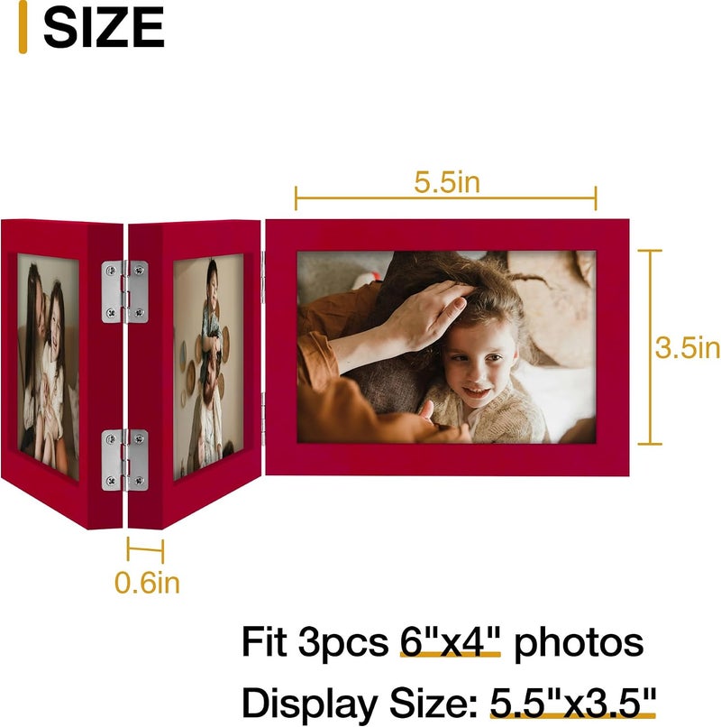 decorUhome Triple 6x4 Picture Frame Horizontal, Engineered Wood Trifold Photo Frame with Plexiglass for Tabletop Display, 6x4, Red - Image 4