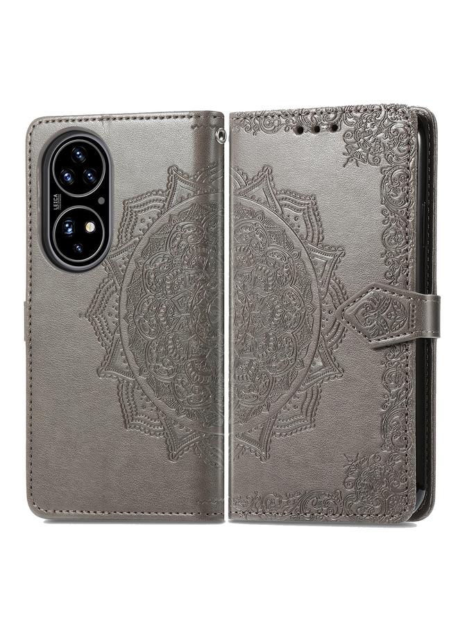 زبون جراب لهاتف Huawei P50 من الجلد المنقوش بنقشة زهرة ماندالا مع حامل / فتحة بطاقة / محفظة / حبل تعليق - Image 2