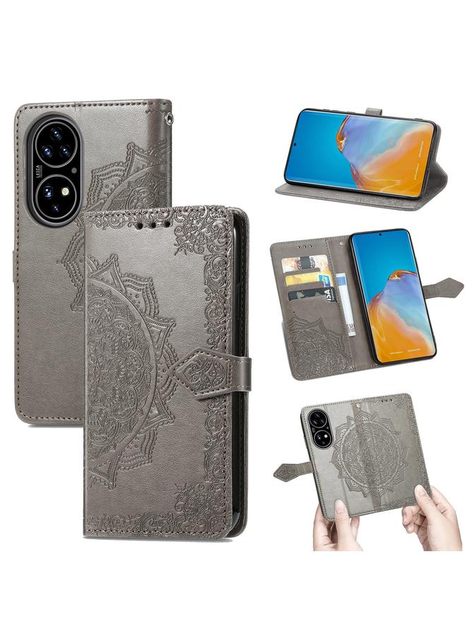 زبون جراب لهاتف Huawei P50 من الجلد المنقوش بنقشة زهرة ماندالا مع حامل / فتحة بطاقة / محفظة / حبل تعليق - Image 1