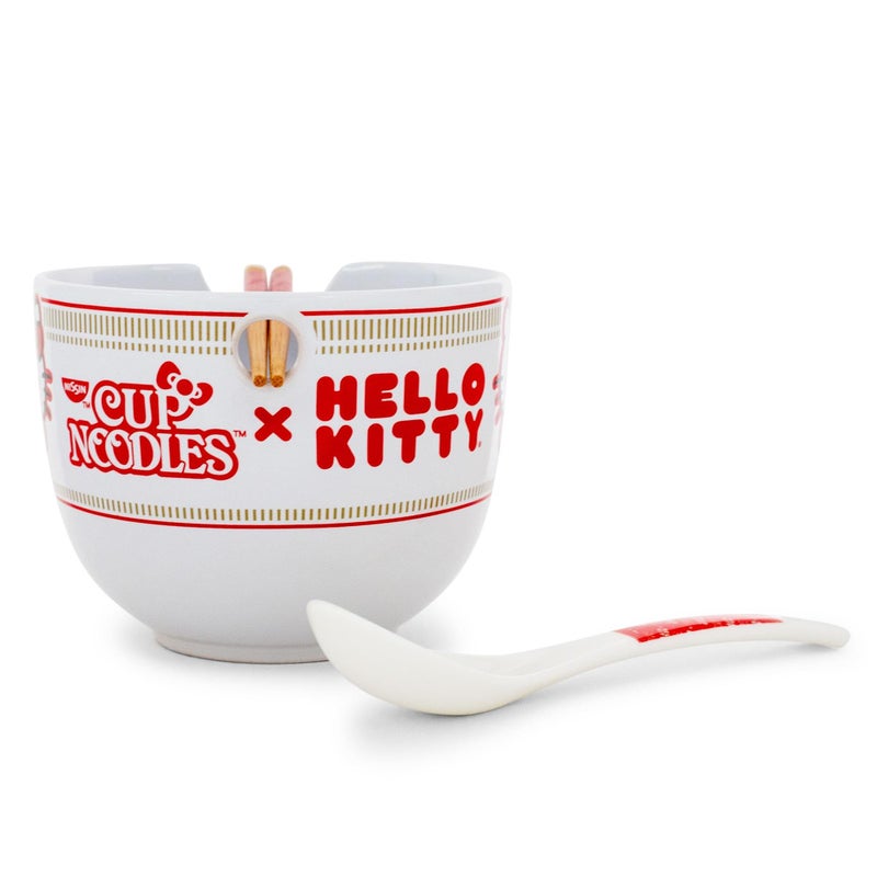 Silver Buffalo Sanrio Hello Kitty x Nissin Cup Noodles Ceramic Ramen Dinnerware Set | Includes 20-Ounce Noodle Bowl, Wooden Chopsticks, and Spoon - Image 2