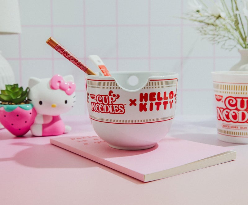 Silver Buffalo Sanrio Hello Kitty x Nissin Cup Noodles Ceramic Ramen Dinnerware Set | Includes 20-Ounce Noodle Bowl, Wooden Chopsticks, and Spoon - Image 5