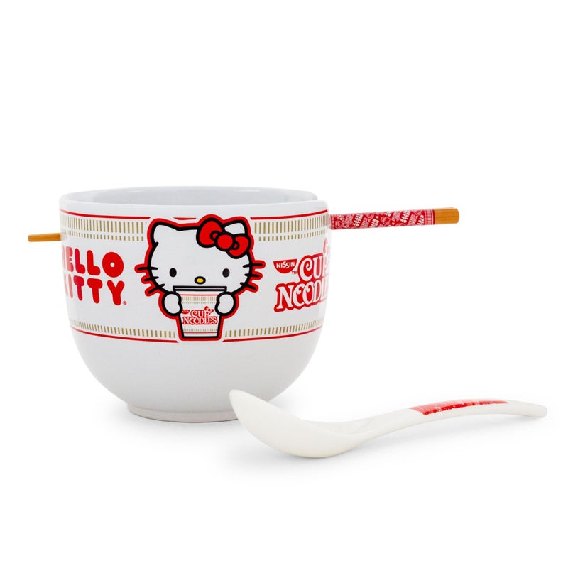 Silver Buffalo Sanrio Hello Kitty x Nissin Cup Noodles Ceramic Ramen Dinnerware Set | Includes 20-Ounce Noodle Bowl, Wooden Chopsticks, and Spoon - Image 1