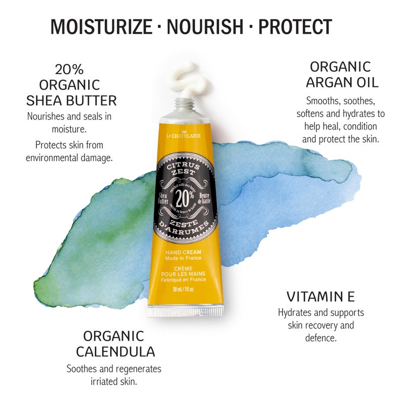 La Chatelaine 20% Shea Butter Hand Cream Travel Size, Men, Unisex, Organic Argan Oil, Moisturizing, Nourishing, Extra-Rich Hand Lotion, Made in France, Paraben Free, 1 oz / 30ml (Citrus Zest) - Image 2