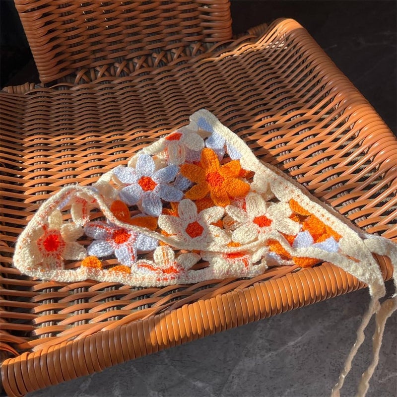 وشاح رأس كروشيه، عصابة رأس محبوكة للنساء، أغطية رأس برباط من الزهور، أوشحة شعر للبنات، 3 قطع، أزرق ووردي وأرجواني - Image 3