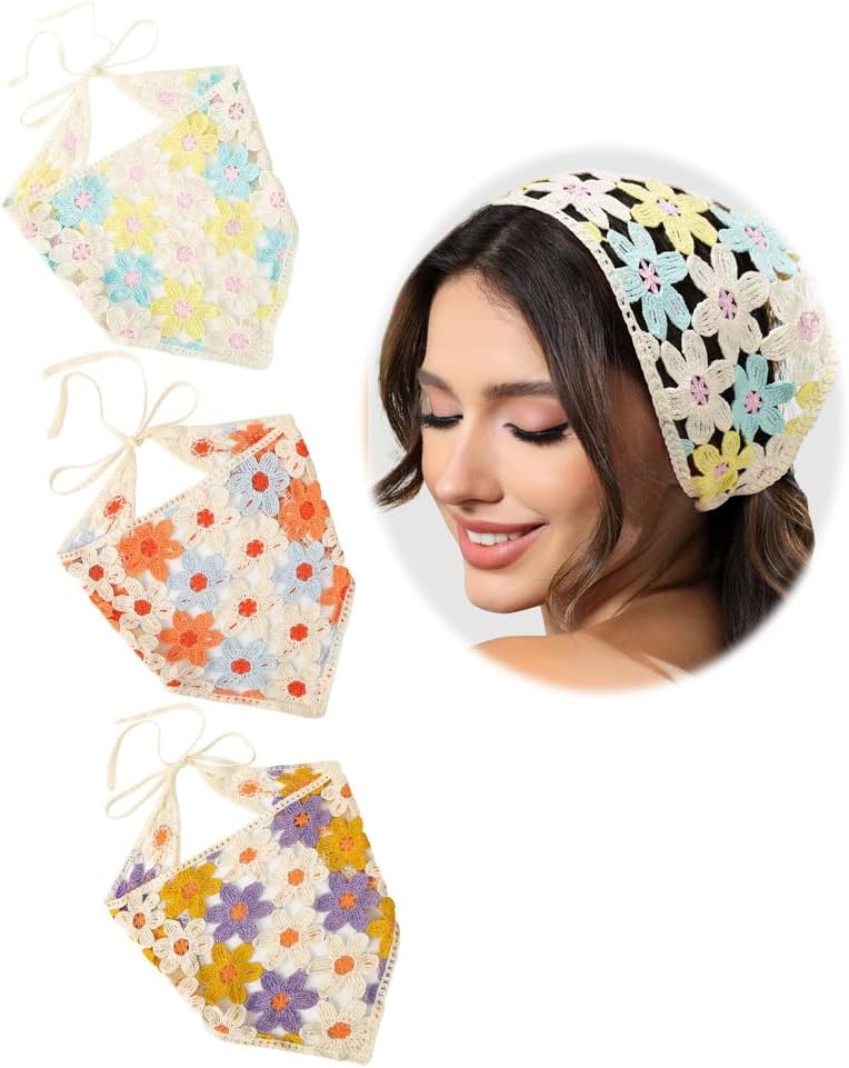 وشاح رأس كروشيه، عصابة رأس محبوكة للنساء، أغطية رأس برباط من الزهور، أوشحة شعر للبنات، 3 قطع، أزرق ووردي وأرجواني - Image 1