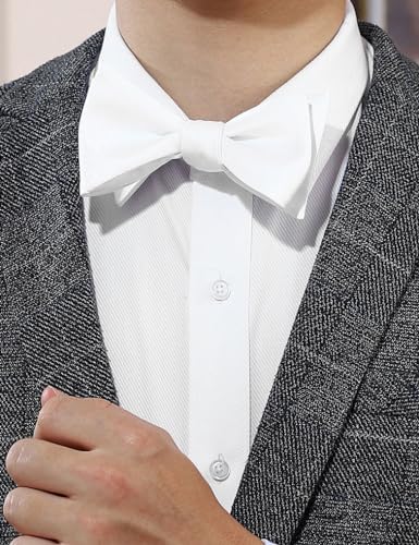 PenSee Mens Self Bow Tie White Solid Jacquard Woven Silk Bow Ties - Image 2