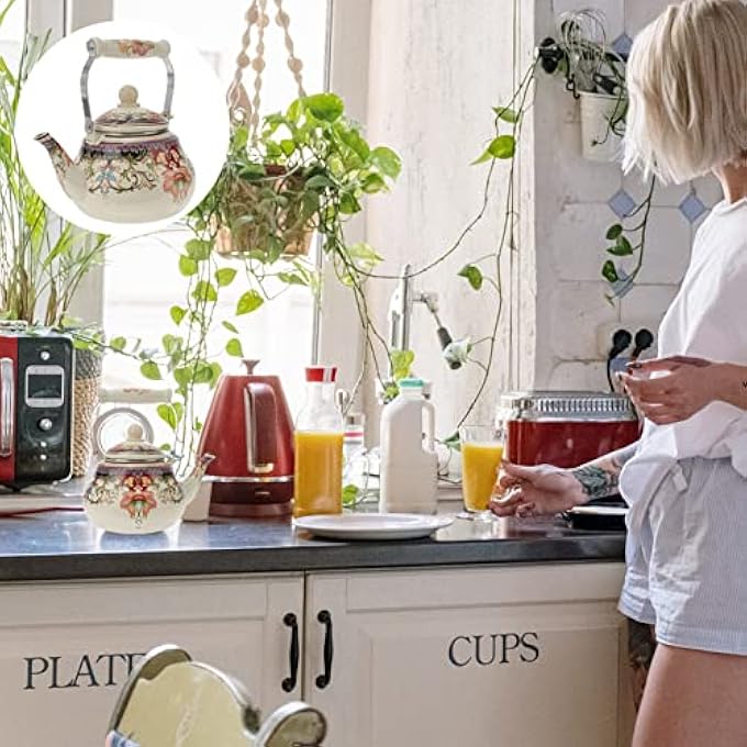 اليبيس غلاية شاي عتيقة من المينا سعة 2 لتر، إبريق شاي من الفولاذ المطلي بالمينا بتصميم مزهر، مناسب لمطبخ المزرعة - Image 5