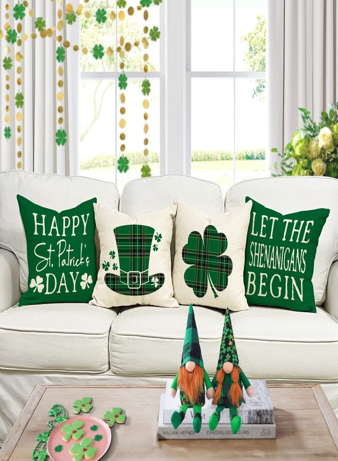 YCOLL St Patricks Day Decorations Throw Pillow Covers 18x18 Set of 4 Scottish Tartan Plaid St Patricks Day Hat Farmhouse Classic Decorative Square Cushion Cases for Sofa Couch - Image 2