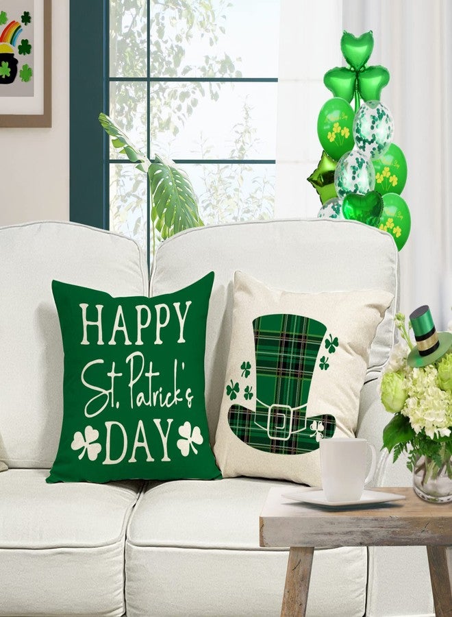 YCOLL St Patricks Day Decorations Throw Pillow Covers 18x18 Set of 4 Scottish Tartan Plaid St Patricks Day Hat Farmhouse Classic Decorative Square Cushion Cases for Sofa Couch - Image 3