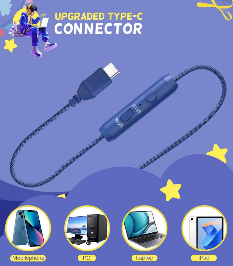 سماعات رأس للأطفال للمدرسة، سماعات رأس للأطفال من نوع USB Type C مع أضواء LED، سماعات رأس سلكية للأولاد والبنات مع محدد أمان 85dB/95dB، سماعات رأس قابلة للطي توضع على الأذن مع ميكروفونات للمدرسة/iPad - Image 2