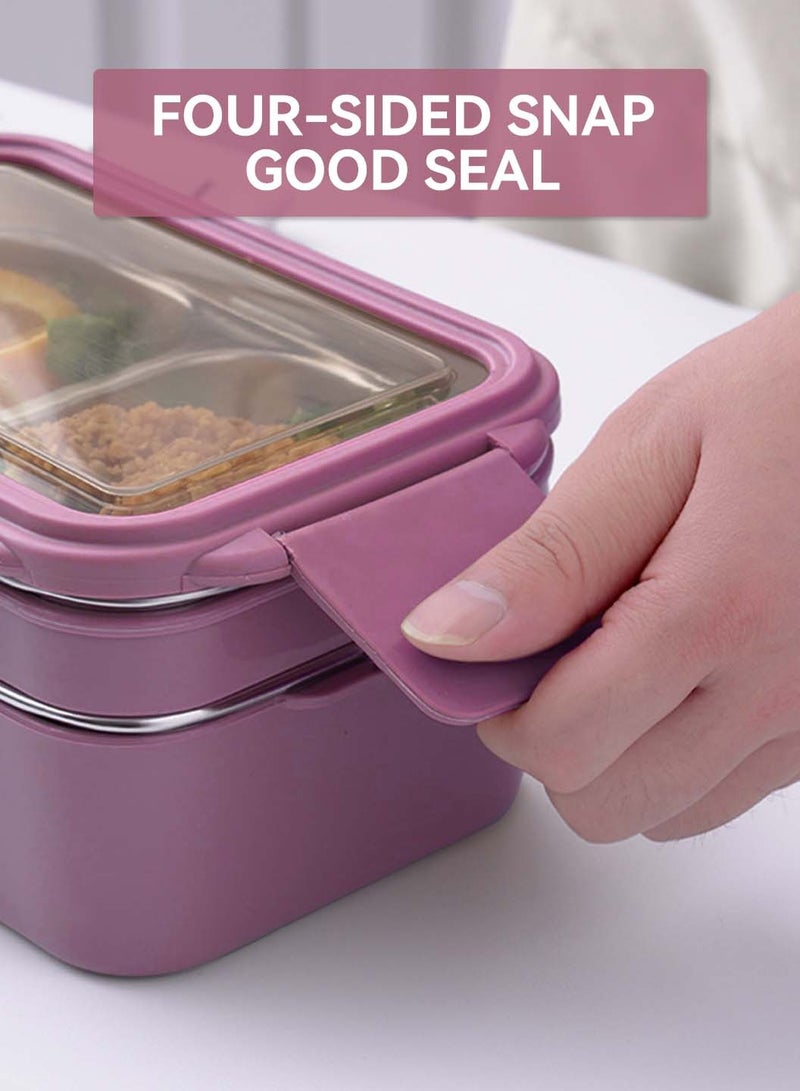 LEOKOR Stainless Steel Bento Box Double Layer 1000ML Leakproof Lunch Container with Lunch Bag and Tableware for Adults Kids Teens Daily Use Purple - Image 5