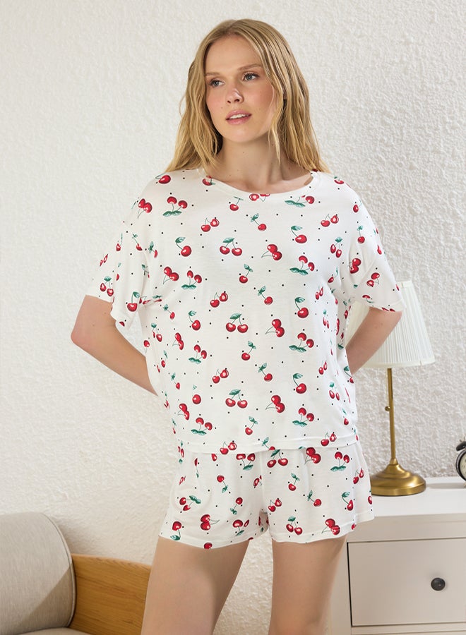 trendyol Red-White Cherry Patterned and Polka Dot Shorts Knitted Pajama Set - Image 1