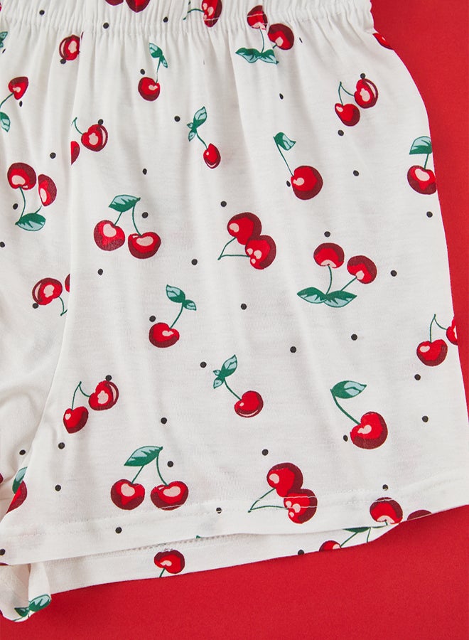 trendyol Red-White Cherry Patterned and Polka Dot Shorts Knitted Pajama Set - Image 5