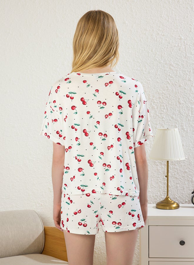 trendyol Red-White Cherry Patterned and Polka Dot Shorts Knitted Pajama Set - Image 4