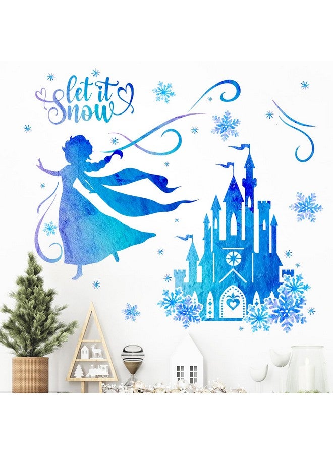 Mfault Winter Princess Frozen Castle Blue Wall Decals Stickers, Let It Snow Elsa Snowflake Nursery Christmas Decorations Girls Bedroom Art, Kids Toddlers Playroom Living Room Decor - Image 1