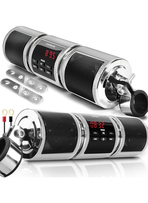 Waterproof Bluetooth Motorcycle Stereo Speakers - Handlebar Mount Audio System with MP3 Player, Amplifier, USB, microSD, FM Radio, AUX for Scooter, ATV, UTV, Jet Ski, 7/8-1.25 in. Handlebar Compatibility