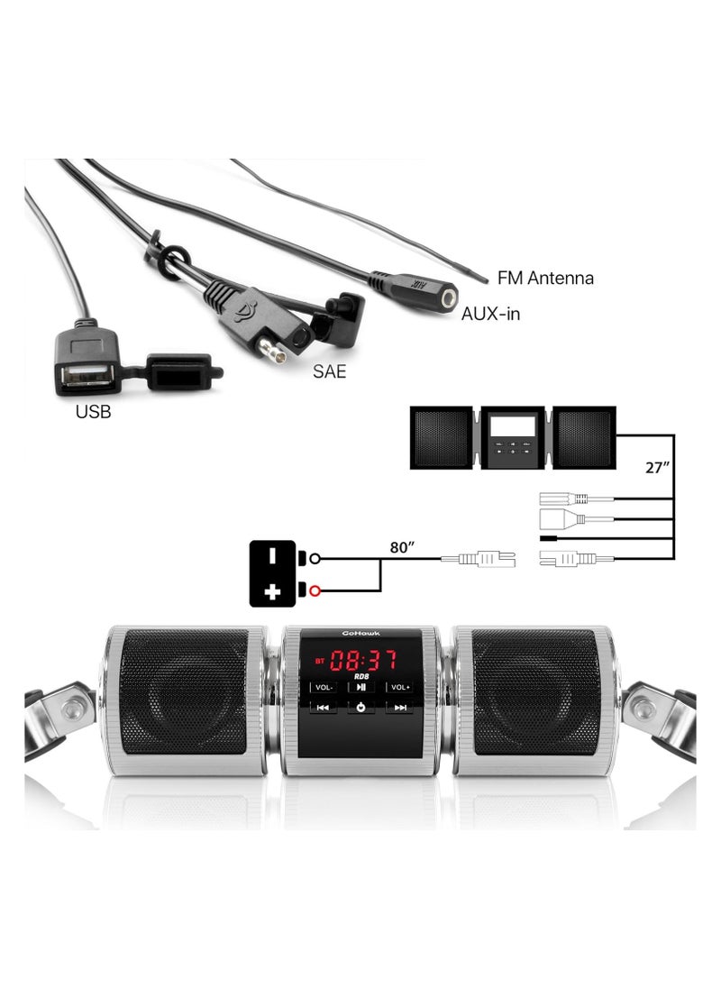 Generic - Waterproof Bluetooth Motorcycle Stereo Speakers - Handlebar Mount Audio System with MP3 Player, Amplifier, USB, microSD, FM Radio, AUX for Scooter, ATV, UTV, Jet Ski, 7/8-1.25 in. Handlebar Compatibility - Image 1