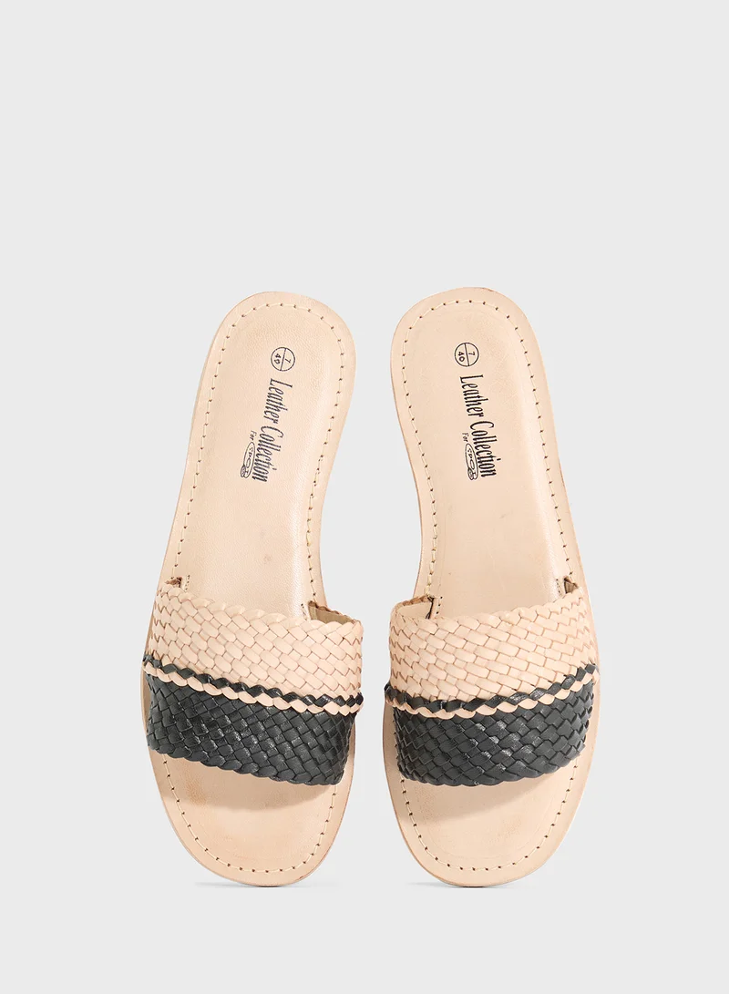 LEATHER COLLECTION Striped Summer Flat Sandal
