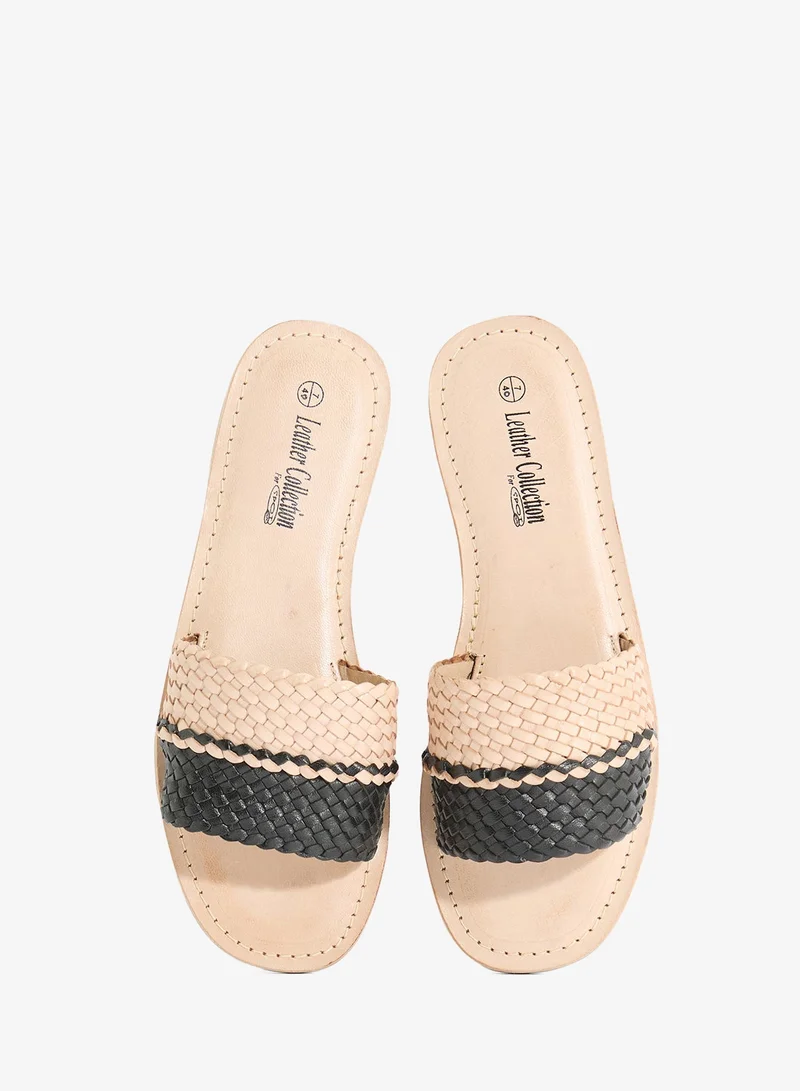 Leather Collection BLACK Striped Summer Flat Sandal for Women | Best Price UAE