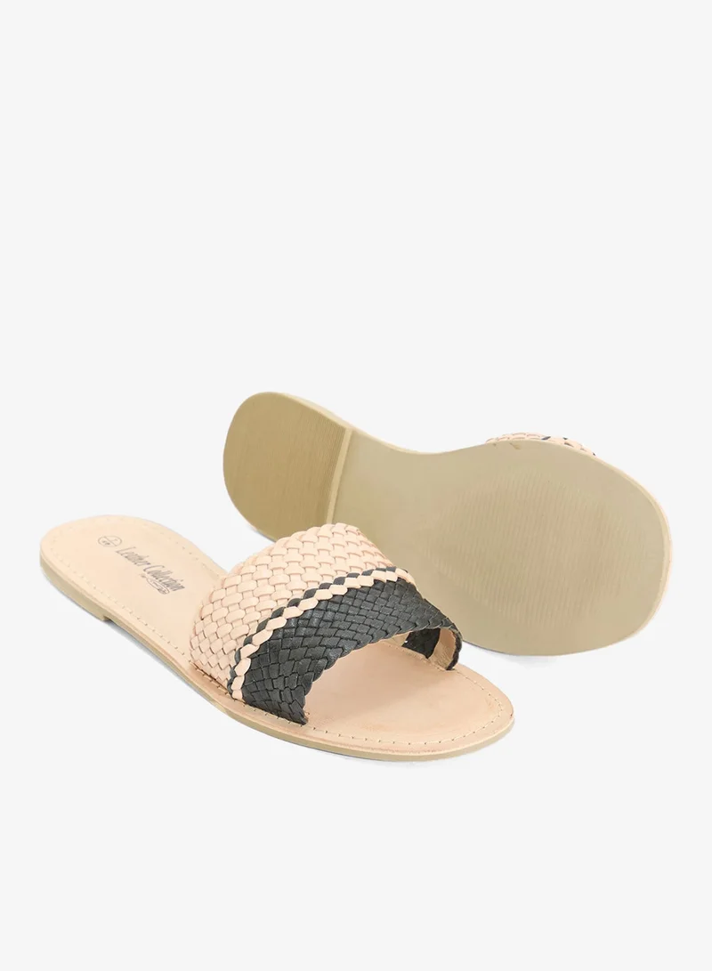 Leather Collection BLACK Striped Summer Flat Sandal for Women | Best Price UAE