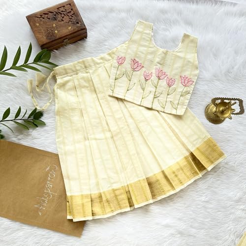 Picksparrow Baby Girl Pattu pavadai/Lehenga Choli/Hand-embroidered Traditional Ethnic Dress (LOTUS/ROSE/SUNFLOWER_STRIPES, Kasavu) (Gold, 6-12 Months) - Image 5