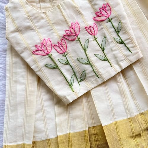 Picksparrow Baby Girl Pattu pavadai/Lehenga Choli/Hand-embroidered Traditional Ethnic Dress (LOTUS/ROSE/SUNFLOWER_STRIPES, Kasavu) (Gold, 6-12 Months) - Image 2