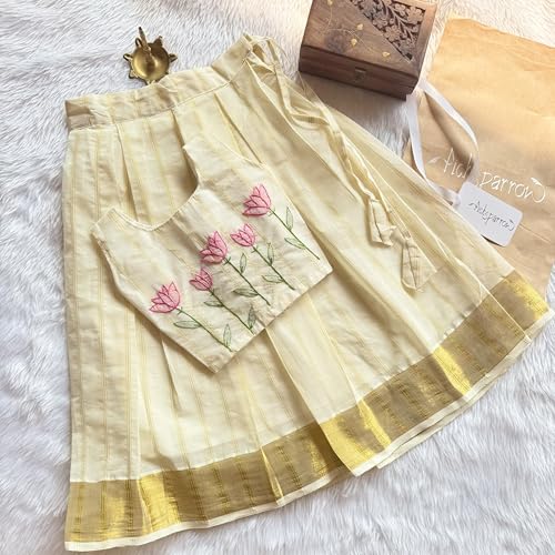Picksparrow Baby Girl Pattu pavadai/Lehenga Choli/Hand-embroidered Traditional Ethnic Dress (LOTUS/ROSE/SUNFLOWER_STRIPES, Kasavu) (Gold, 6-12 Months) - Image 4