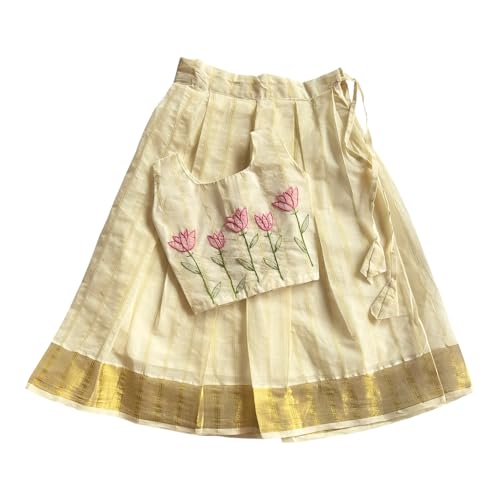 Picksparrow Baby Girl Pattu pavadai/Lehenga Choli/Hand-embroidered Traditional Ethnic Dress (LOTUS/ROSE/SUNFLOWER_STRIPES, Kasavu) (Gold, 6-12 Months) - Image 1