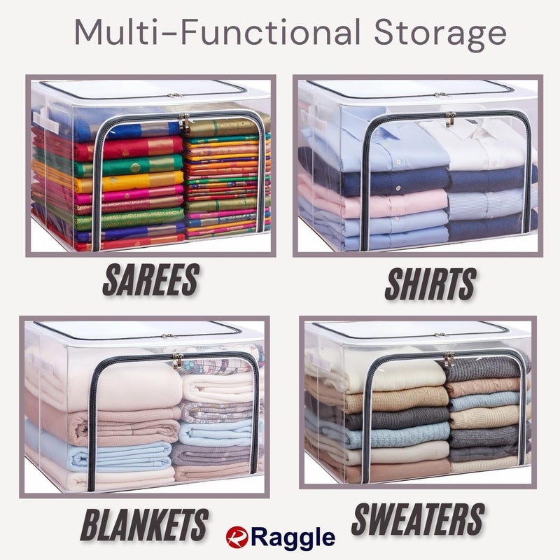 Raggle 4PCS polycotton Clothes Storage Organizer Bins, Foldable Storage Bins-Cloth Steel Frame Storage Box with Foldable Clear Window & Reinforced Handles 50 * 40 * 30CM (Transparent, 66L-4) - Image 4