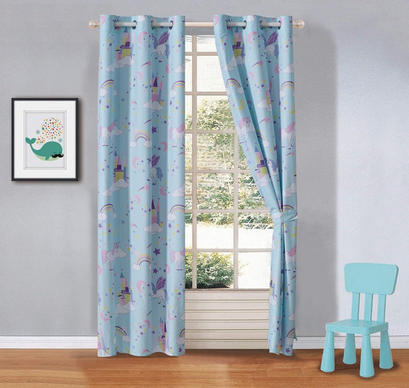 Linen Plus LineLinen Plus 2 Panel Curtain Set with Grommets for Teens Boys Girls New (Sky Blue/White Unicorn) - Image 3