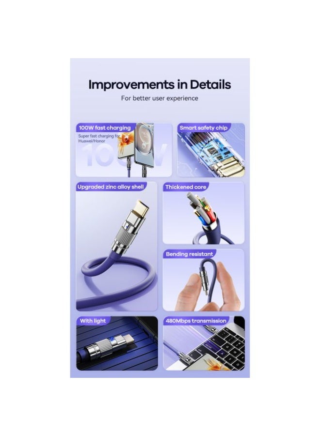 REMAX RC-C055 Fast Charging Data Cable , Type-C to Type-C 100W Cable, Zinc Alloy & TPE Thickened Design with Smart Chip, High Speed Transmission, Durable & Soft Touch - 1m - Image 4