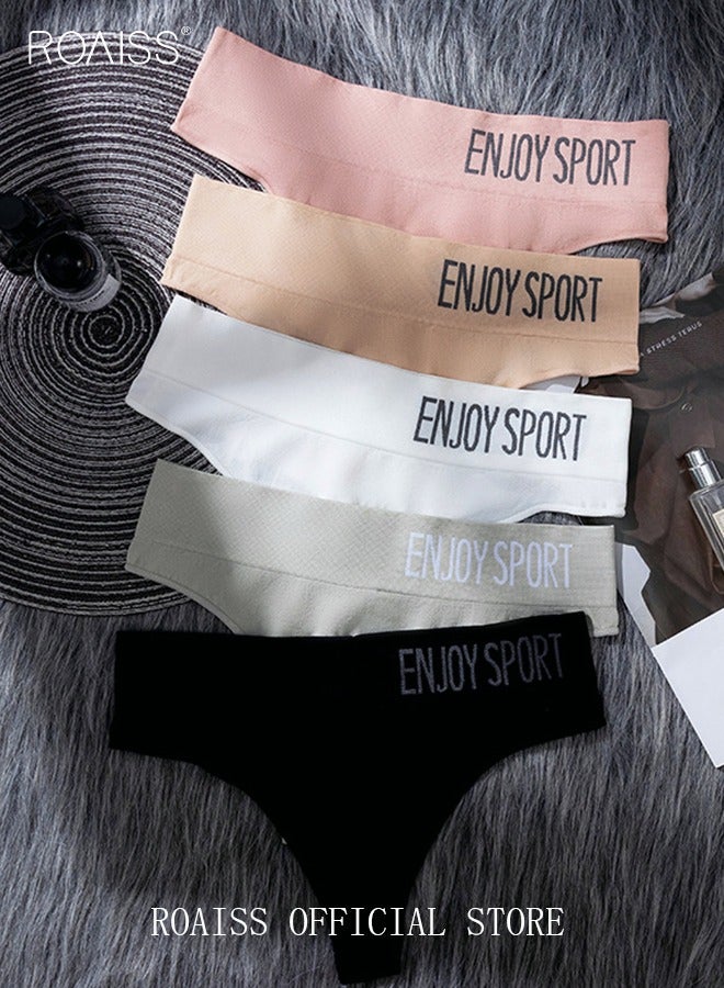 roaiss 5 Piece Breifs Women Cotton High-Rise Bikini Briefsg Stretch Panties Underwear Women's Sports Gym Underwear Letter Wide Waist Traceless Leggings - Image 1