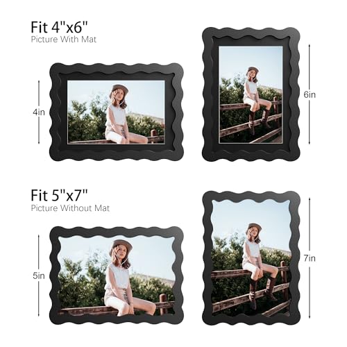 THKRLOF 5x7 Picture Frame with Mat for 4x6, Wavy Edge Wooden Real Glass Photo Frame for Tabletop and Wall Hanging, Black, 1 Pack - Image 4