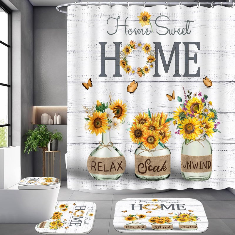 ALEXEX 4 PCS Yellow Sunflower Shower Curtain Set,Home Sweet Bathroom Set with Shower Curtain and Rugs and Accessories,Farmhouse Country Shower Curtain Bathroom Decor with 12 Hooks,72 X 72 Inches - Image 4