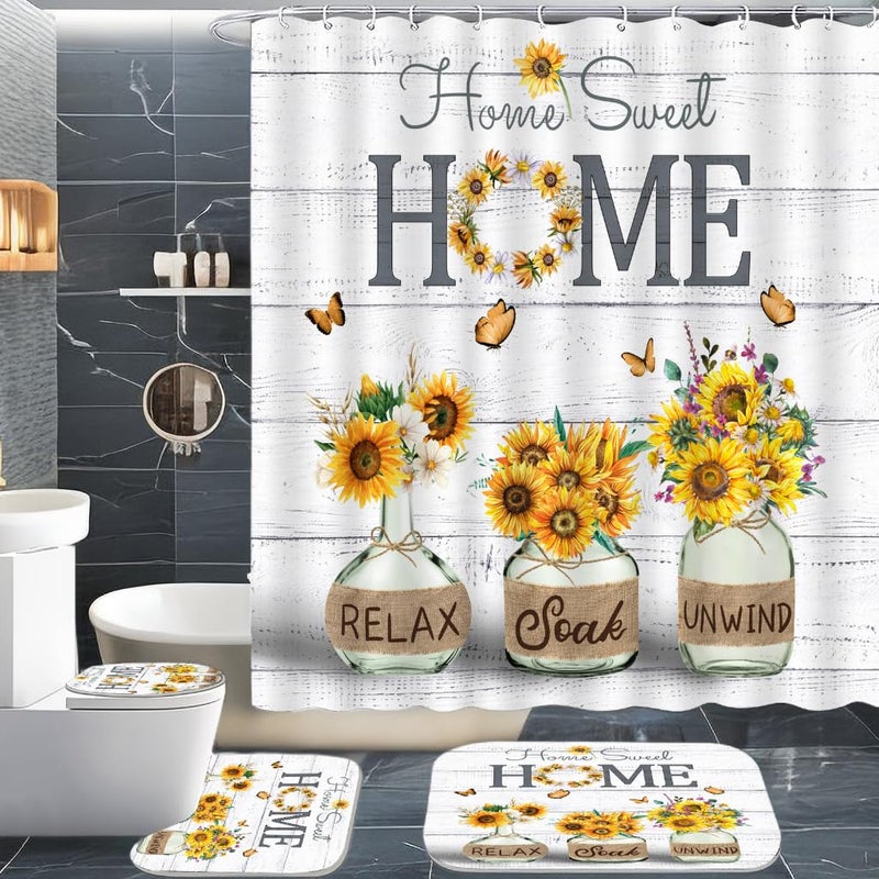 ALEXEX 4 PCS Yellow Sunflower Shower Curtain Set,Home Sweet Bathroom Set with Shower Curtain and Rugs and Accessories,Farmhouse Country Shower Curtain Bathroom Decor with 12 Hooks,72 X 72 Inches - Image 1