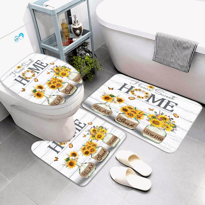 ALEXEX 4 PCS Yellow Sunflower Shower Curtain Set,Home Sweet Bathroom Set with Shower Curtain and Rugs and Accessories,Farmhouse Country Shower Curtain Bathroom Decor with 12 Hooks,72 X 72 Inches - Image 3