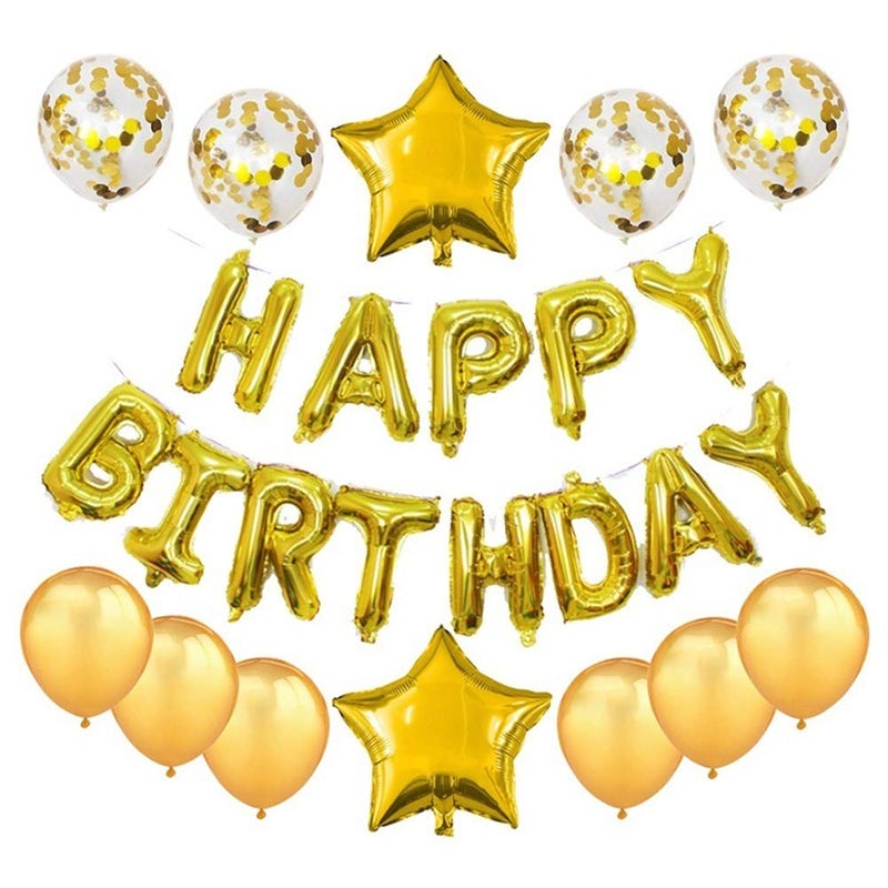 Haimimall Happy Birthday Balloon Gold 13pcs Letters Balloons 2pcs Giant Star Foil Balloons 4pcs Confetti Balloons 8pcs Latex Balloons Birthday Party Banner Gold - Image 1