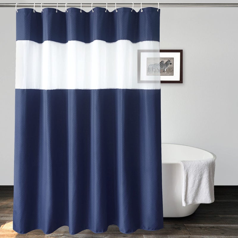 UFRIDAY Waffle Weave Fabric Shower Curtain with Mesh Window Heavy Duty Decorative Bathroom Curtain with White Pique Pattern SpaLike Hotel Luxury WaterRepellent72 x 72 Inches
