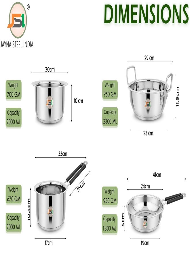 JSI Stainless Steel Triply Base Kadhai (2300ml) Fry Pan (1800ml) Saucepan (2000ml) Milk Tope (2000ml) with Induction Bottom - Steel Cookware 4 Pcs Set for Kitchen - Thick Encapsulated Aluminium Base - Image 5