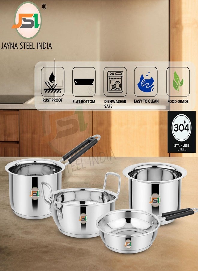 JSI Stainless Steel Triply Base Kadhai (2300ml) Fry Pan (1800ml) Saucepan (2000ml) Milk Tope (2000ml) with Induction Bottom - Steel Cookware 4 Pcs Set for Kitchen - Thick Encapsulated Aluminium Base - Image 3