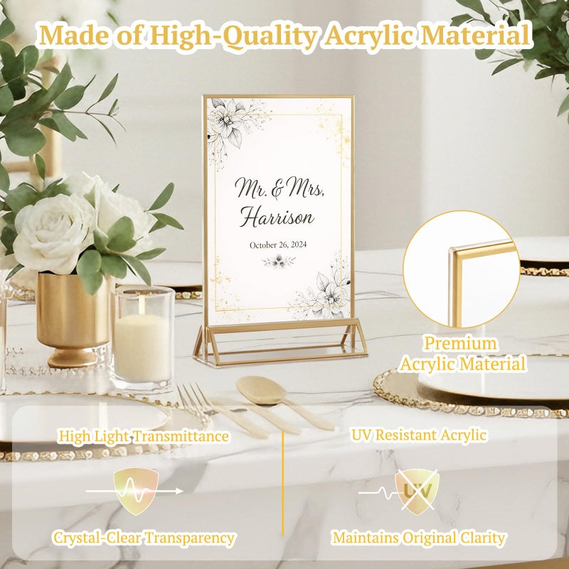 EHWINE 12 Pack Acrylic Sign Holder 5 x 7, Double Sided Gold Picture Frame Stand up Table Top Sign Holders, Clear Display Stand Menu Flyer Holder for Wedding Party (Provide Non-slip Mats) - Image 2