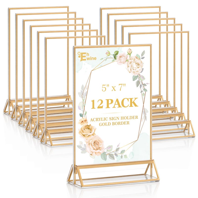 EHWINE 12 Pack Acrylic Sign Holder 5 x 7, Double Sided Gold Picture Frame Stand up Table Top Sign Holders, Clear Display Stand Menu Flyer Holder for Wedding Party (Provide Non-slip Mats) - Image 1